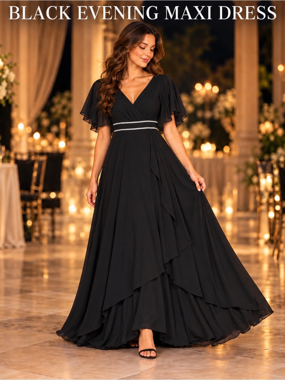 Ever-Pretty Black Rhinestone Evening Maxi Dress Size 12 / XL